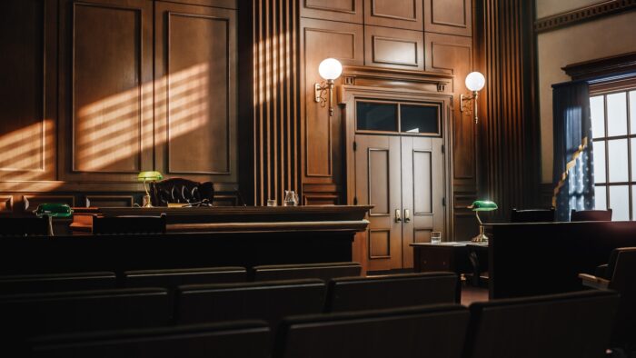Empty courtroom with sunlight